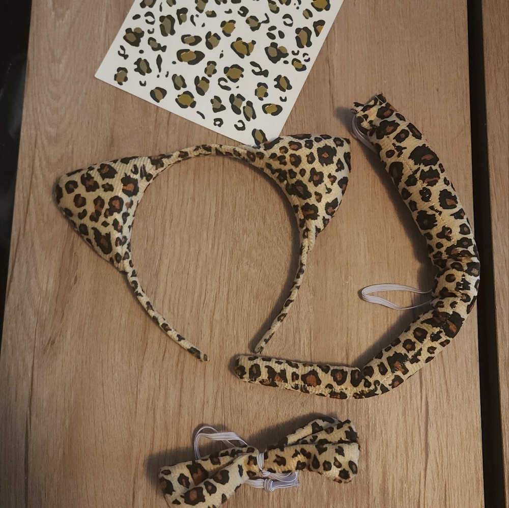Leopard print headband ears, bow tie, tail, tattoo costume
